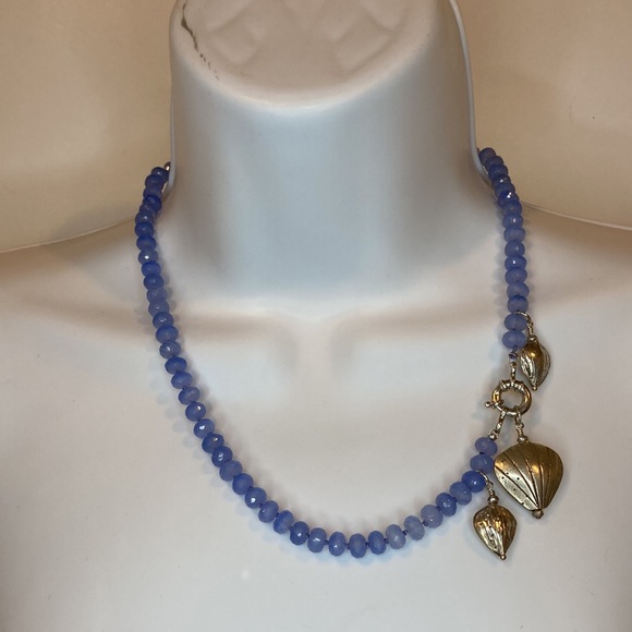 Silk Knotted Chalcedony Necklace Sterling Silver Clamshell Charms Beach Ocean - Picture 5 of 11